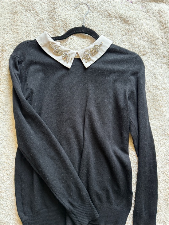 Tops - Black Sweater with Embellished White Peter Pan Collar